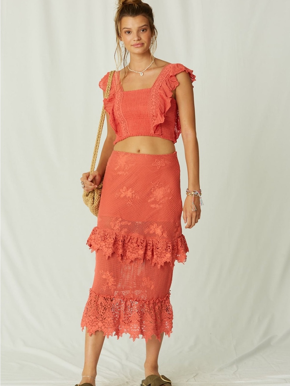 Jen's Pirate Booty | Women’s Santos Coral Crochet Ruffle Midi Skirt | L